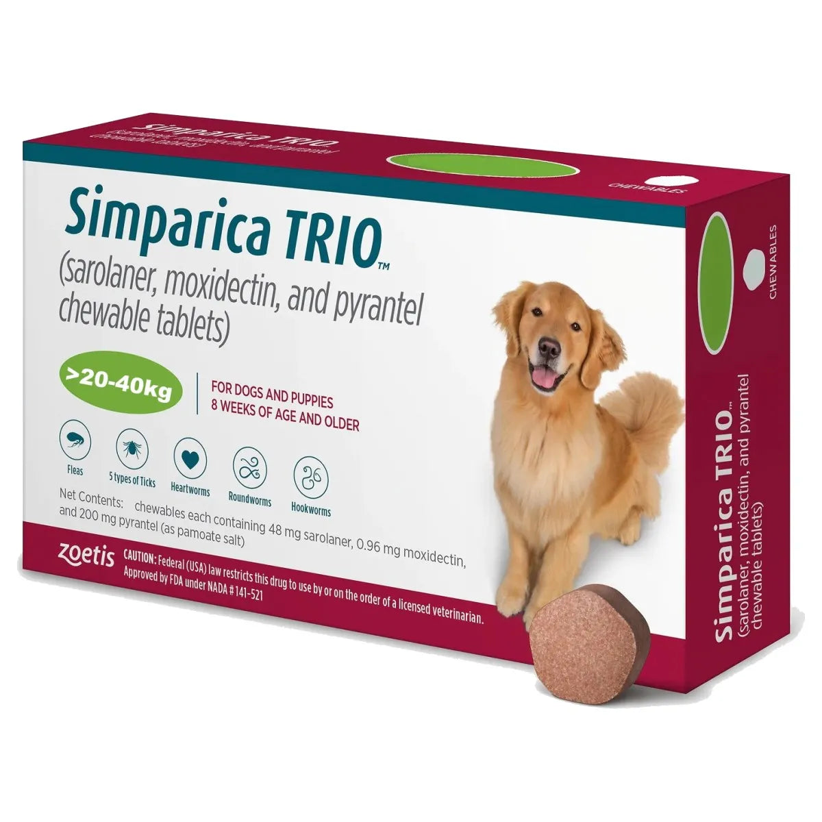 Simparica Trio 48mg Chewable Tablets for Dogs (20 - 40kg) 3 tabs